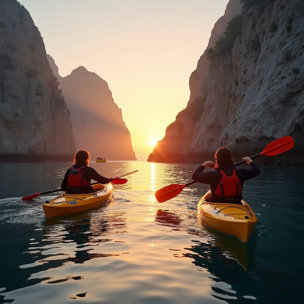 Kayak colorati su acque calme di una baia sarda al tramonto con riflessi dorati sull'acqua