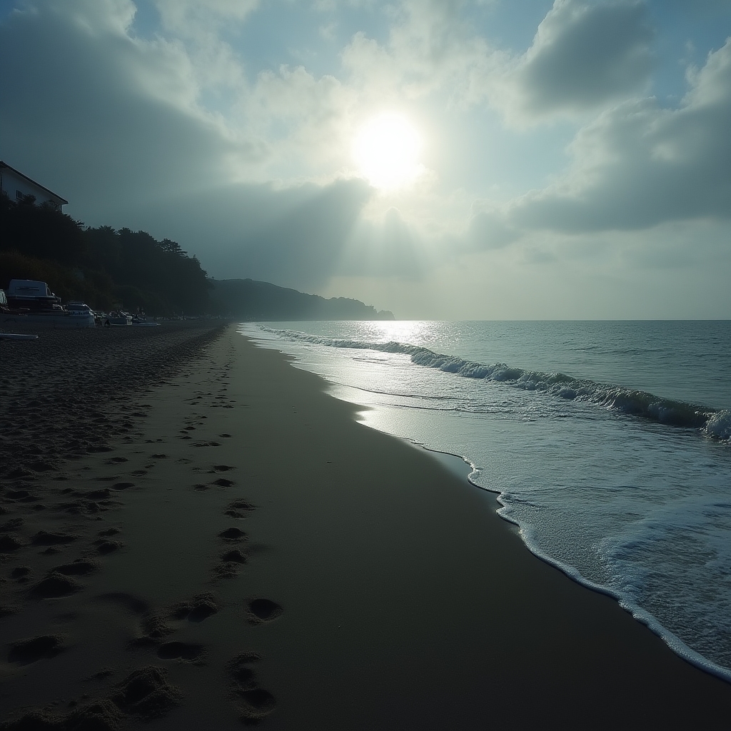Spiaggia italiana deserta in bassa stagione con sabbia dorata, mare calmo e luce autunnale bassa che crea lunghe ombre sulla riva