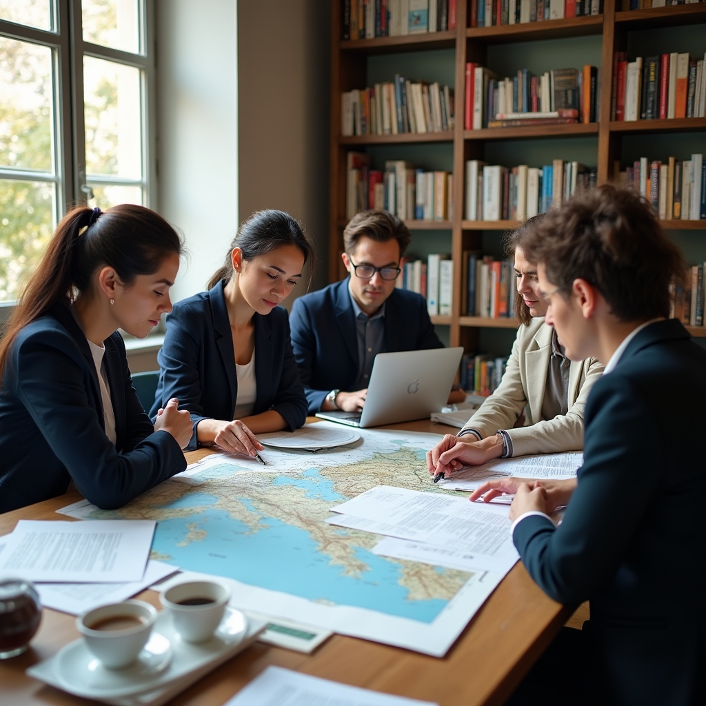 Team editoriale di Elvornorix in una riunione di redazione in uno spazio luminoso con mappe delle coste italiane sul tavolo