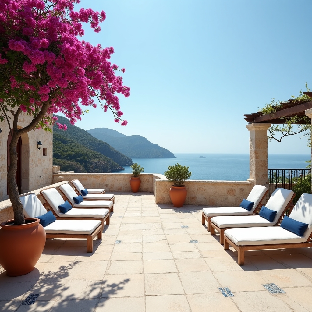 Terrazza di un resort costiero italiano con vista sul mare, lettini bianchi e architettura in pietra locale