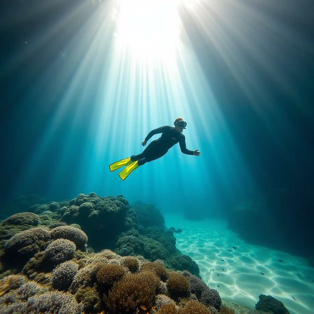 Subacqueo che pratica snorkeling su fondali rocciosi del Mediterraneo con pesci colorati e luce solare nell'acqua azzurra