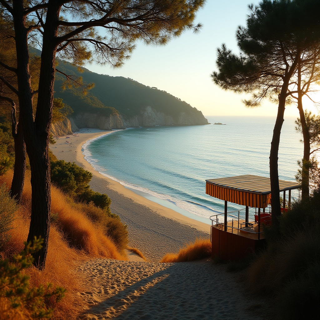 Panorama della costa italiana in bassa stagione con luce autunnale dorata, spiagge silenziose e mare calmo color acciaio